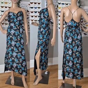 Jill Stuart Silk Formal Gown Midi Dress Cowl Neck Evening Side Slits Floral 0